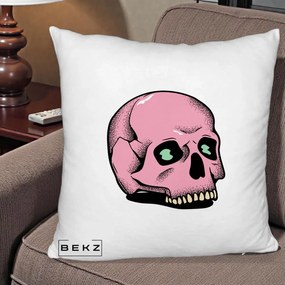 Perna Decorativa Craniu Roz Tatoo Art Halloween, 40x40 cm, Alb Pufos, Husa Detasabila, Perna Inclusa, BEKZ®