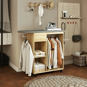 HOMCOM Dulap pentru călcat din lemn masă de călcat pe roți bară de suspendare raft 125 x 43,5 x 102,5 cm lemn natural | Aosom Romania