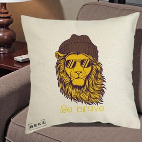 Perna Decorativa Leu Hipster Be Brave, 40x40 cm, Ecru, Husa Detasabila, Perna Inclusa, BEKZ®