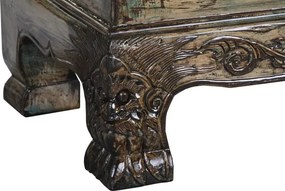 Banchetă orientală sculptată din lemn de ulm, finisaj antichizat multicolor, 4 sertare, 179 x 43 x 58 cm, „Ming"