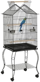 PawHut Cușcă pentru păsări pe suport cu 2 mese perșoare tavă detașabilă mâner și roți 50 x 58 x 137/145 cm negru | Aosom Romania