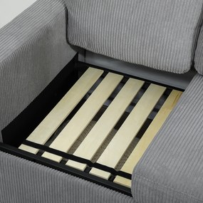 HOMCOM Divan 3 Locuri cu Pouf de Depozitare din Velur cu Nervuri 196x139x85 cm, Gri | Aosom Romania