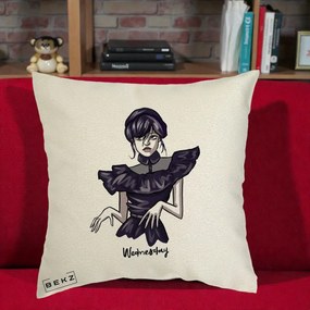 Perna Personalizata Wednesday Addams Dans Gotic, 40x40 cm, Ecru, Husa Detasabila, Perna Inclusa, BEKZ®