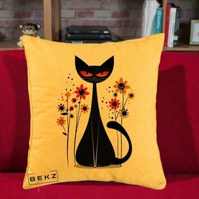 Perna Decorativa Pisica Neagra Ochi Rosii Flori, 40x40 cm, Galben, Husa Detasabila, Perna Inclusa, BEKZ®