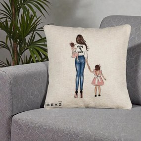 Cadou pentru Mama - Perna Personalizata Mom of Girls Mama cu Fetele, 40x40 cm, Bej Canapea, Husa Detasabila, Perna Inclusa, BEKZ®
