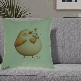 Perna Decorativa Pui cu Inima si Floarea-Soarelui, 40x40 cm, Verde, Husa Detasabila, Perna Inclusa, BEKZ®
