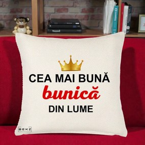 Cadou pentru Bunica - Perna Personalizata Cea Mai Buna Bunica Din Lume Coroana Aurie, 40x40 cm, Crem Reliefat, Husa Detasabila, Perna Inclusa, BEKZ®
