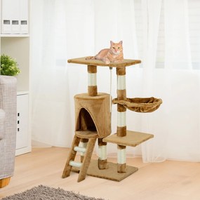 PawHut Arbore pentru pisici Răzuitoare 55x30x95 cm cu Cuib Platformă Casetă Scară Sfoară de Joc Placă de Lemn și Acoperit cu Catifea Maro | Aosom Romania