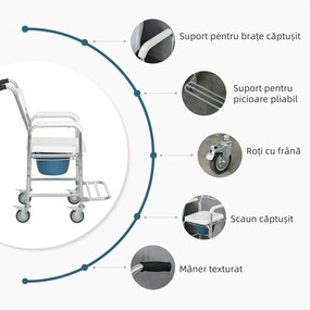 HOMCOM Scaun WC 3 în 1 Pliabil cu Rotile Pivotante, Vas Detașabil și Înălțime Reglabilă, 54x68-84x95 cm, Alb | Aosom Romania