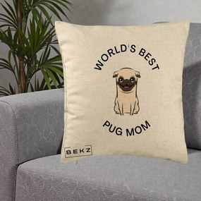 Cadou pentru Iubitorii de Caini - Perna Personalizata World's Best Pug Mom, 40x40 cm, Bej, Husa Detasabila, Perna Inclusa, BEKZ®