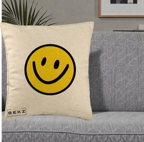Perna Decorativa Smiley Face Galben Clasic, 40x40 cm, Bej, Husa Detasabila, Perna Inclusa, BEKZ®