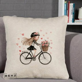 Perna Decorativa Fetita Kawaii pe Bicicleta cu Trandafiri si Inimioare, 40x40 cm, Bej Canapea, Husa Detasabila, Perna Inclusa, BEKZ®