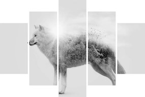 Tablou - Lupul arctic oglindit în peisajul sălbatic, alb-negru (150x105 cm)