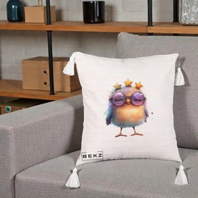Perna Decorativa Pui Pop Star cu Ochelari Stele Violet, 40x40 cm, Bej cu Franjuri, Husa Detasabila, Perna Inclusa, BEKZ®