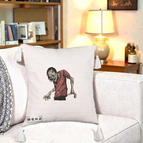 Perna Decorativa Halloween Zombie Infricosator, 40x40 cm, Bej cu Franjuri, Husa Detasabila, Perna Inclusa, BEKZ®