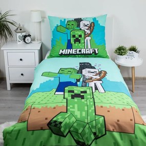 Lenjerie de pat pentru copii verde-albastră din bumbac pentru pat de o persoană 140x200 cm Minecraft "Mobs Here" – Jerry Fabrics