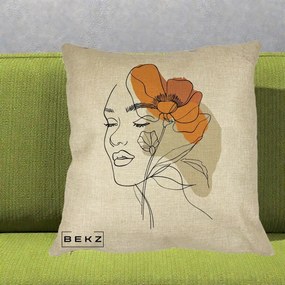 Perna Decorativa Portret Feminin Mac Mare Portocaliu, 40x40 cm, Crem, Husa Detasabila, Perna Inclusa, BEKZ®