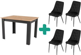 Set de sufragerie 1+4, masa neagra cu decor stejar auriu MADO 120x80cm si scaun de sufragerie din catifea neagra IMOLA