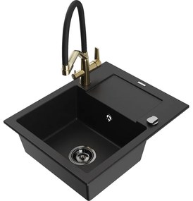 Mexen Enzo chiuvetă de granit cu un compartiment, cu picurător și baterie de bucătărie Duo, Neagră - 6506-77-671701-57-B