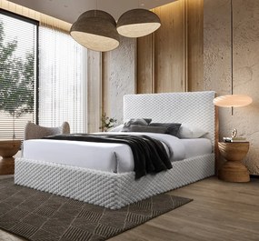 Pat tapitat Nordic cu stofa bucla, 160x200, cu somiera metalica rabatabila si spatiu de depozitare, culoare Bej