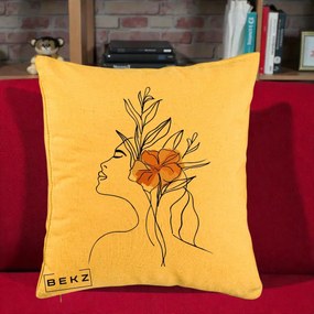 Perna Decorativa Portret Feminin Floare Portocalie Lateral, 40x40 cm, Galben, Husa Detasabila, Perna Inclusa, BEKZ®