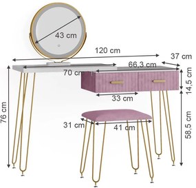 SEA394 - Set Masa toaleta, 120 cm, cosmetica machiaj, oglinda cu LED, masuta vanity, scaun tapitat - Alb-Auriu-Roz