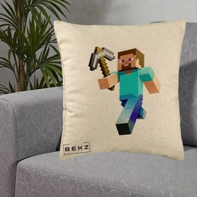 Perna Personalizata Minecraft Steve cu Tarnacop, 40x40 cm, Bej, Husa Detasabila, Perna Inclusa, BEKZ®