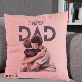 Cadou pentru Tata - Perna Personalizata Super Dad Tata si Fiu Imbratisare, 40x40 cm, Roz, Husa Detasabila, Perna Inclusa, BEKZ®