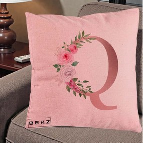 Cadou Personalizat - Perna Personalizata Monograma Rose Gold Litera Q, 40x40 cm, Roz, Husa Detasabila, Perna Inclusa, BEKZ®