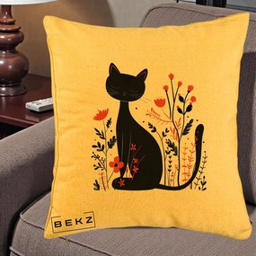 Perna Decorativa Pisica Neagra Flori Rosii Folk Minimal, 40x40 cm, Galben, Husa Detasabila, Perna Inclusa, BEKZ®
