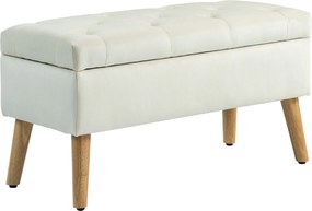 HOMCOM Taburet cu Depozitare In Catifea Picioare In Lemn Di Cauciuc 80x35x42 cm Crem | Aosom Romania