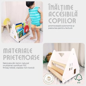 Bibliotecă Montessori cu roți, în formă de căsuță BOOKY turquoise