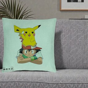 Perna Personalizata Ash si Pikachu, 40x40 cm, Verde Menta, Husa Detasabila, Perna Inclusa, BEKZ®