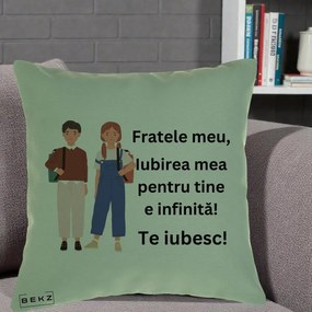 Cadou pentru Frate - Perna Personalizata Fratele Meu Te Iubesc Elevi Ilustratie Colorata, 40x40 cm, Verde, Husa Detasabila, Perna Inclusa, BEKZ®