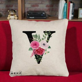 Cadou Personalizat - Perna Personalizata Monograma Florala Litera V cu Buchet, 40x40 cm, Bej Canapea, Husa Detasabila, Perna Inclusa, BEKZ®