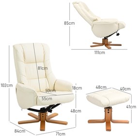 HOMCOM Fotoliu de Relaxare cu Taburet, Funcție de Culcare, Piele Ecologică, până la 150 kg, 71 x 84 x 102 cm, Crem | Aosom Romania
