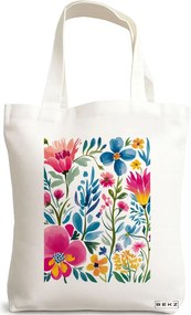 Sacosa de Panza pentru Cumparaturi, Geanta Tote, model Flower Watecolor 1, 38 x 34.5 cm, Alba, BEKZ®
