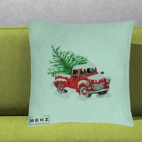 Perna Decorativa Camioneta Rosie Brad de Craciun, 40x40 cm, Verde Menta, Husa Detasabila, Perna Inclusa, BEKZ®
