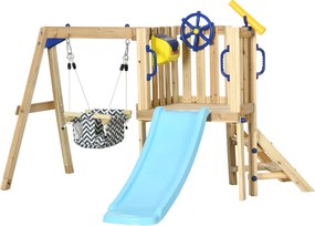 AIYAPLAY Leagăn şi Tobogan Exterior din Lemn cu Volan Telescop pentru Copii 18-48 Luni Lemn Natural | Aosom Romania