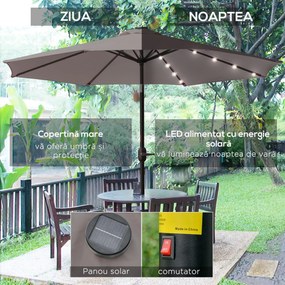 Outsunny Umbrelă de Grădină Inclinabilă Ø265 cm cu 32 Lumini LED Solare și Manivelă, Umbrelă de Exterior cu 8 Spițe, din Oțel și Poliester, pentru Patio, Curte, Balcon, Terasă, Gri | Aosom Romania