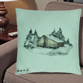 Perna Decorativa Cabana de Iarna in Padure, 40x40 cm, Verde Menta, Husa Detasabila, Perna Inclusa, BEKZ®
