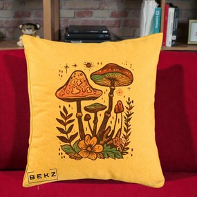 Perna Decorativa Ciuperci Boho Multicolore, 40x40 cm, Galben, Husa Detasabila, Perna Inclusa, BEKZ®