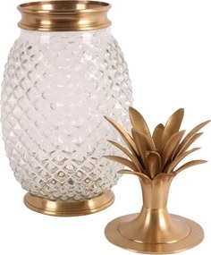 Borcan decorativ din sticlă și alamă, auriu, în formă de ananas, cu capac, 43 x 18 cm, „Tropea”