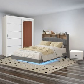 Dormitor COD A013 GRI- Pat 160X200 cu LED si Saltea Inclusa