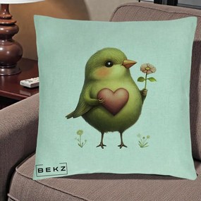 Perna Decorativa Pasare Verde cu Inima si Floare, 40x40 cm, Verde Menta, Husa Detasabila, Perna Inclusa, BEKZ®