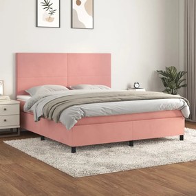 vidaXL Pat box spring cu saltea, roz, 180x200 cm, catifea