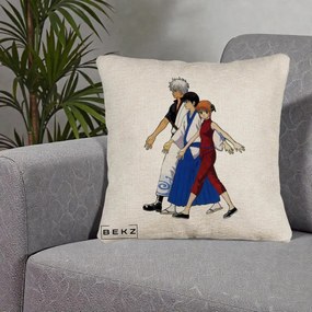 Perna Personalizata Gintama Trio Gintoki Shinpachi Kagura, 40x40 cm, Bej Canapea, Husa Detasabila, Perna Inclusa, BEKZ®