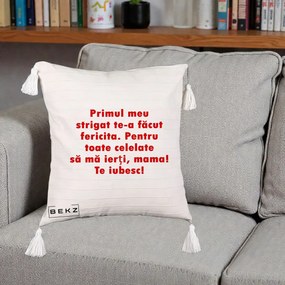 Cadou pentru Mama - Perna Personalizata Primul Strigat Mama, 40x40 cm, Bej cu Franjuri, Husa Detasabila, Perna Inclusa, BEKZ®