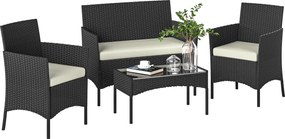 Outsunny Set Mobilier Grădină din Ratan Sintetic cu Canapea, Fotolii și Masă din Sticlă Securizată și Perne Negru și Crem | Aosom Romania