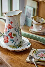 Platou de servire din ceramică artizanală albă cu motive florale roz pictate manual și margine aurie, 31×21×3 cm, "Savina"